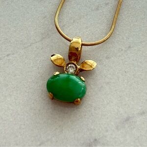 Modern and Green Jadeite and Diamond 18kt Gold Pendant with Snake Chain Necklace
